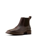 Brown leather Chelsea boot with wide square toe and western styling