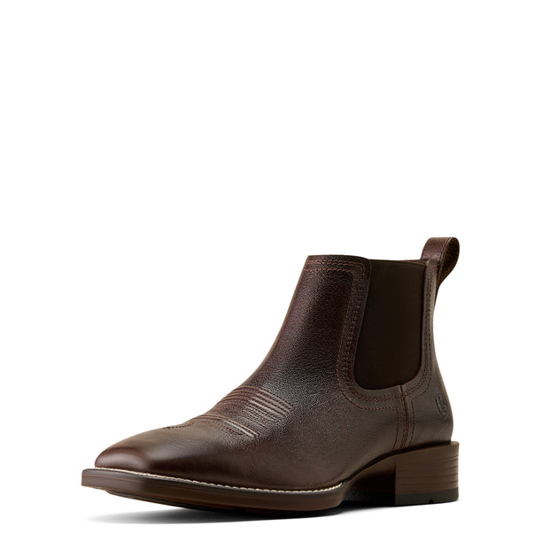 Brown leather Chelsea boot with wide square toe and western styling