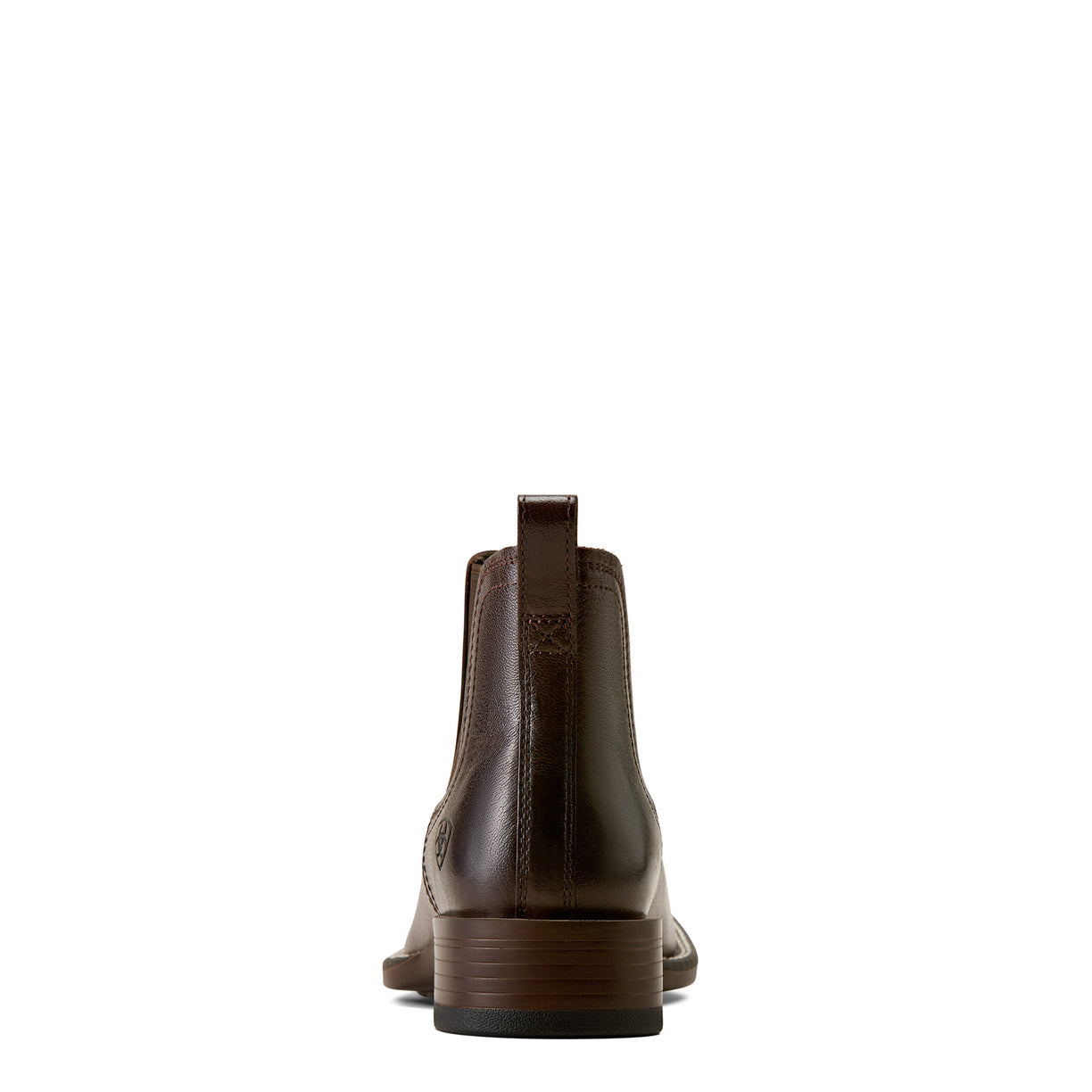 Heel view of Brown leather Chelsea boot with wide square toe and western styling