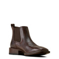 Brown leather Chelsea boot with wide square toe and western styling, inner side view