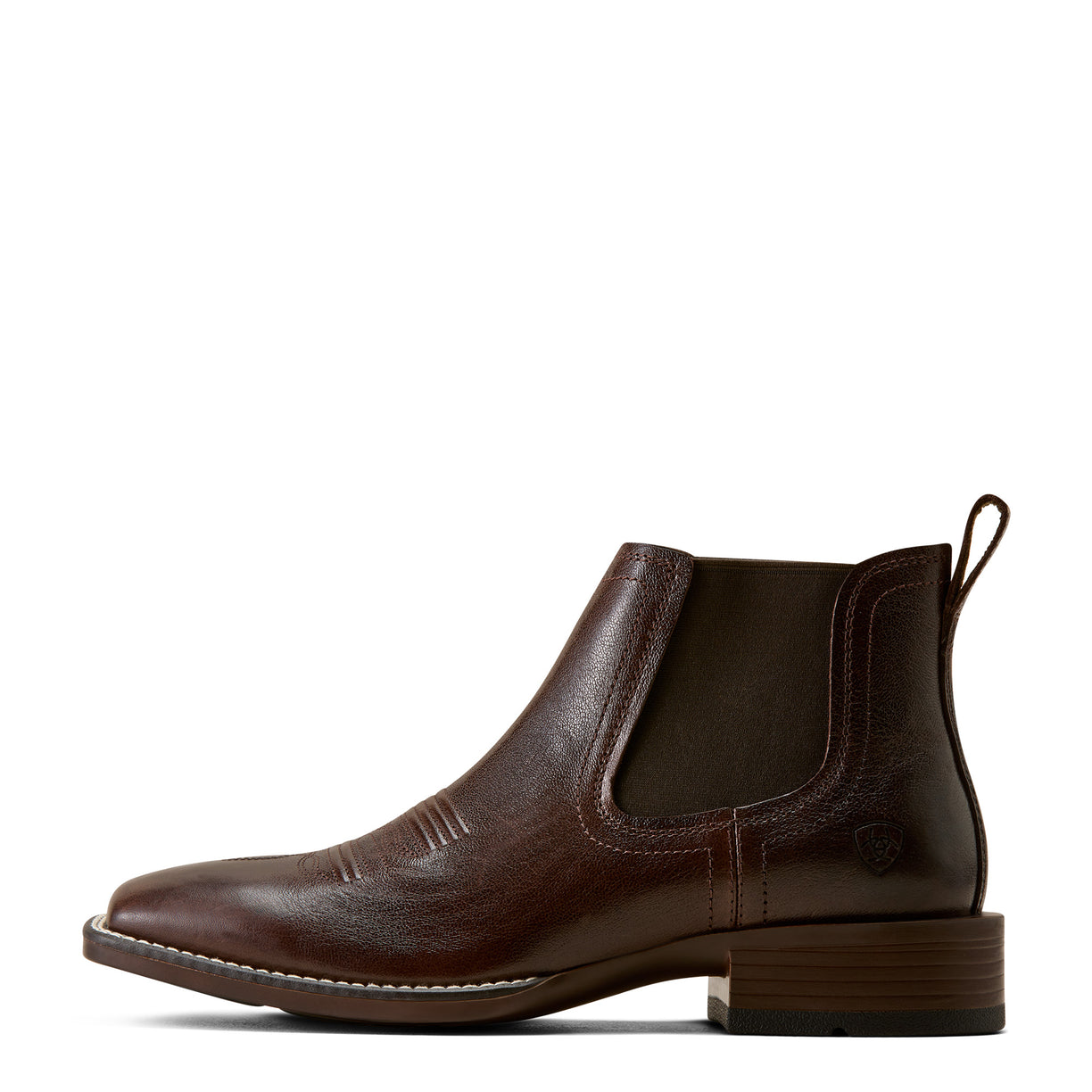 Ariat brown leather Chelsea boot with wide square toe and western styling, side view