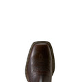 Toe detail of Brown leather Chelsea boot with wide square toe and western styling