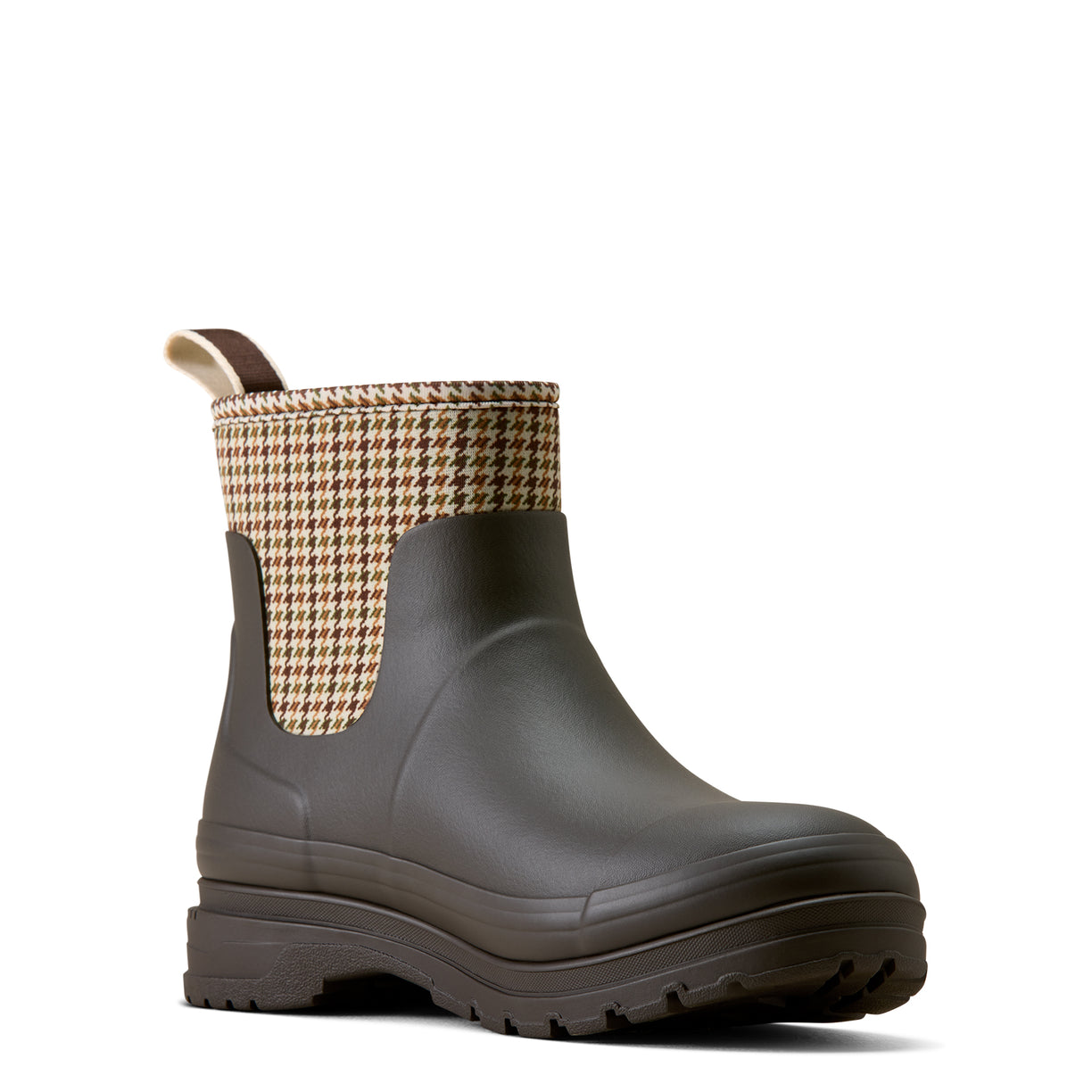 A dark brown rubber rain boot with a brown and beige houndstooth patterned elasticated ankle cuff, shown from a side profile on a white background.