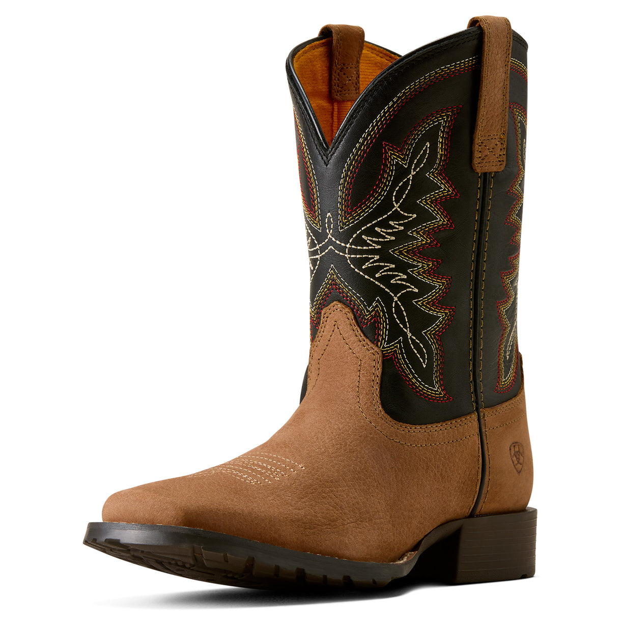 Brown kids' Ariat cowboy boot with intricate stitching