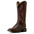 A dark brown leather cowboy boot with a square toe and decorative red and white embroidered patterns on the shaft, shown against a plain off-white background.