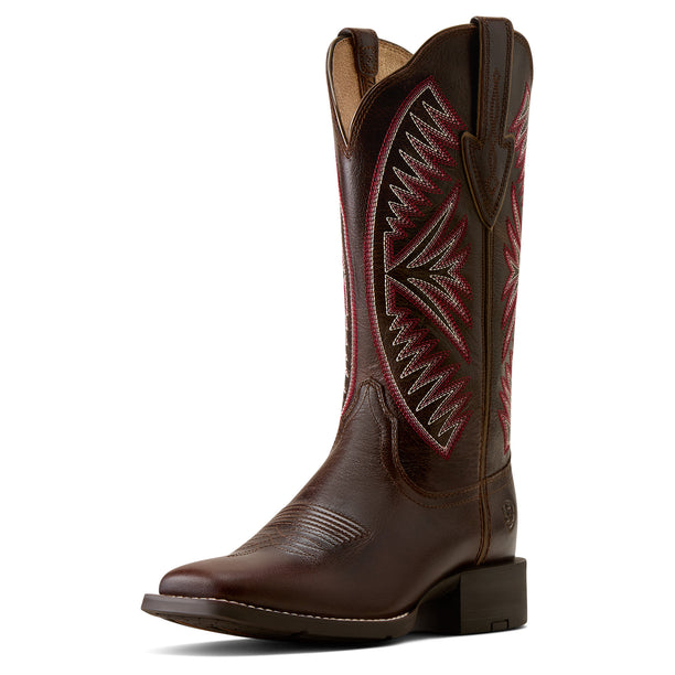 A dark brown leather cowboy boot with a square toe and decorative red and white embroidered patterns on the shaft, shown against a plain off-white background.