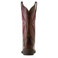 A single brown leather cowboy boot shown from the back, featuring decorative red and gray embroidered stitching on the shaft.