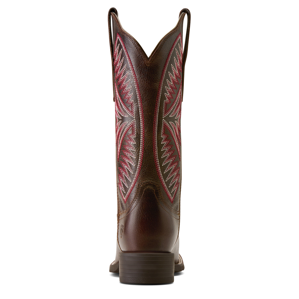 A single brown leather cowboy boot shown from the back, featuring decorative red and gray embroidered stitching on the shaft.