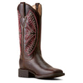 A single dark brown leather cowboy boot with a square toe and a decorative embroidered shaft featuring red and pink geometric patterns, shown against a plain white background.