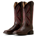 A pair of dark brown leather cowboy boots with intricate red and white embroidered patterns on the shafts, shown against a plain white background.