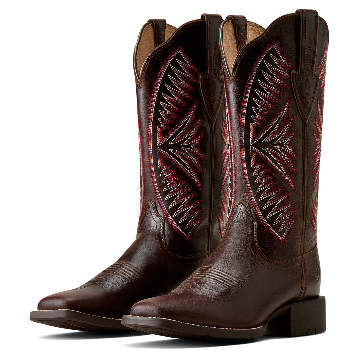 A pair of dark brown leather cowboy boots with intricate red and white embroidered patterns on the shafts, shown against a plain white background.