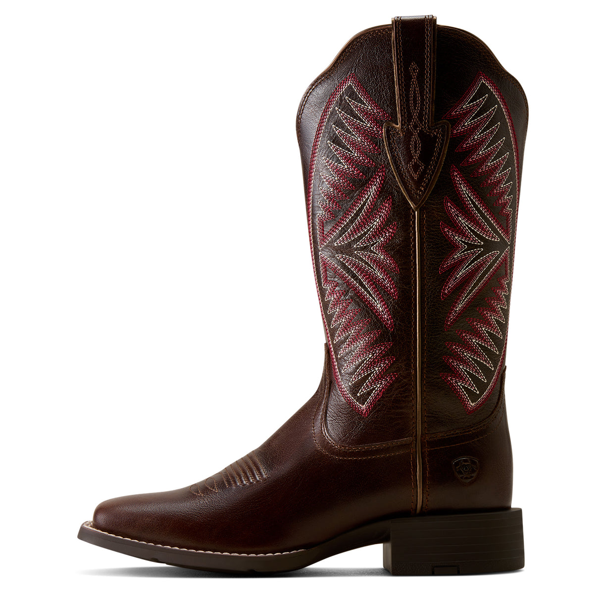 A dark brown leather cowboy boot with intricate western embroidery in red, pink, and white on the shaft, shown in a side profile against a white background.