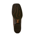 A single brown boot shown from the sole side, featuring a dark brown treaded outsole with tan accent lines and the brand name ARIAT embossed near the heel, on a plain white background.