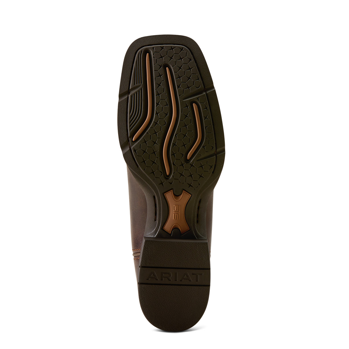 A single brown boot shown from the sole side, featuring a dark brown treaded outsole with tan accent lines and the brand name ARIAT embossed near the heel, on a plain white background.