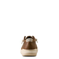 A single Ariat boat shoe shown from the rear, featuring a brown textured leather upper, white laces, and a cream-colored sole on a solid white background.