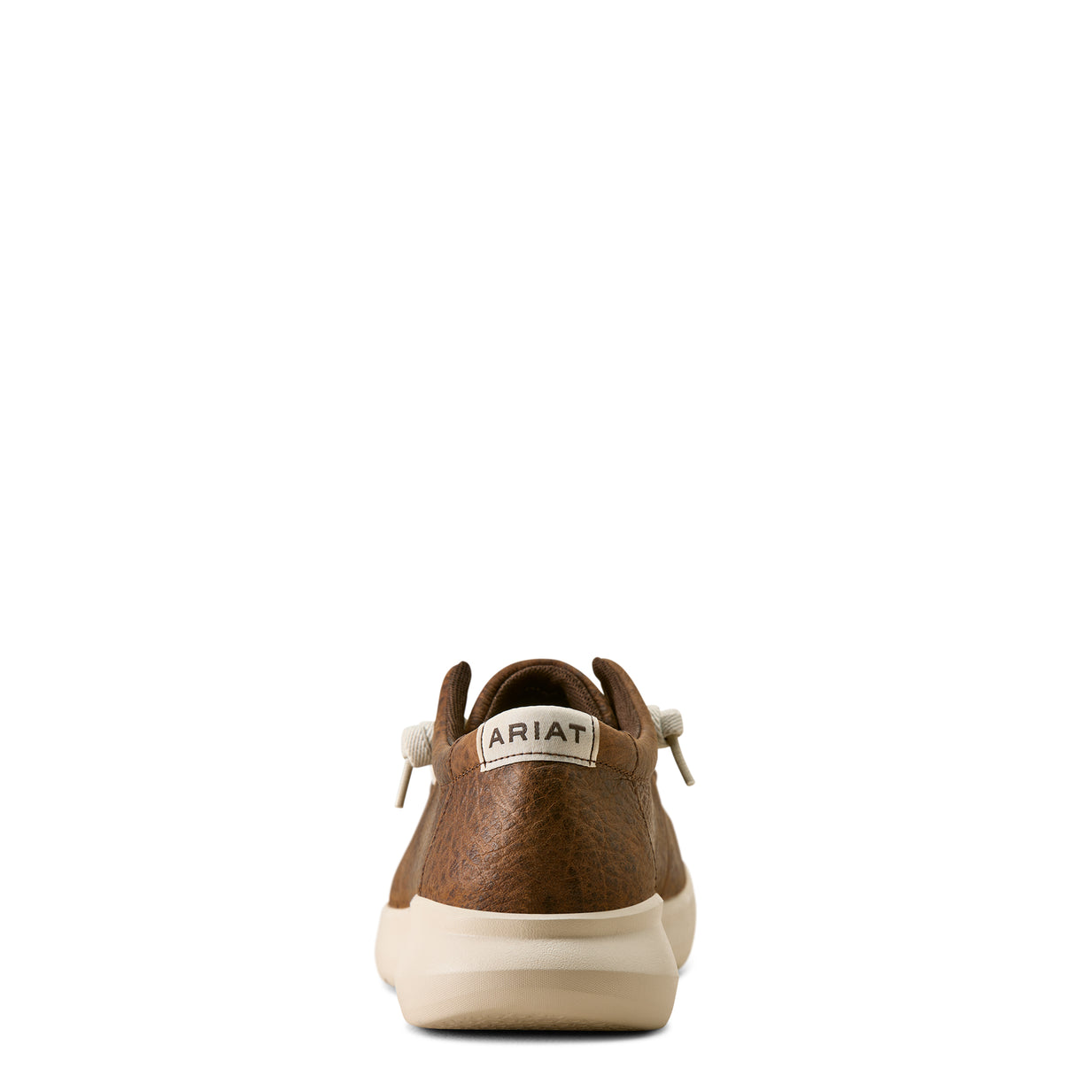 A single Ariat boat shoe shown from the rear, featuring a brown textured leather upper, white laces, and a cream-colored sole on a solid white background.