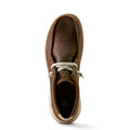 Brown leather shoe with white laces on a white background