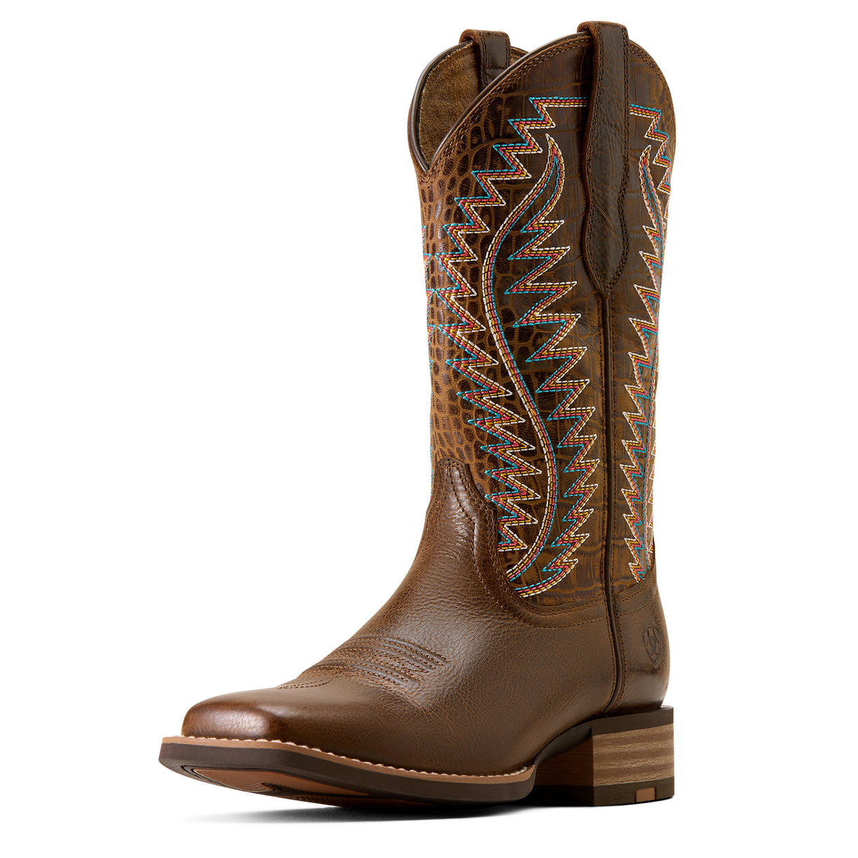 Brown cowboy boot with intricate stitching on a white background