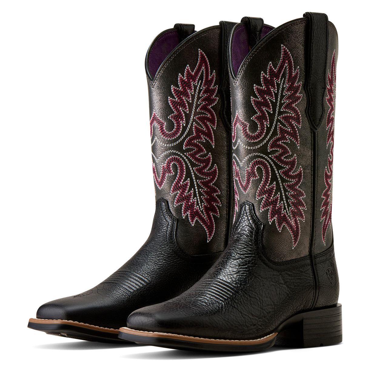 Black cowboy boots with intricate red floral embroidery on a white background
