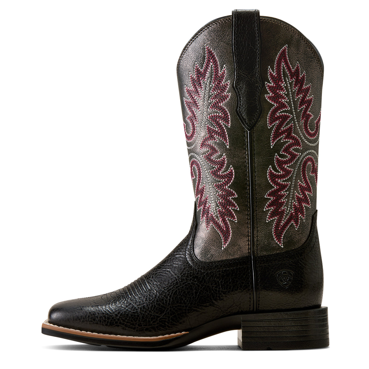 Black cowboy boot with intricate red and white embroidery on a white background