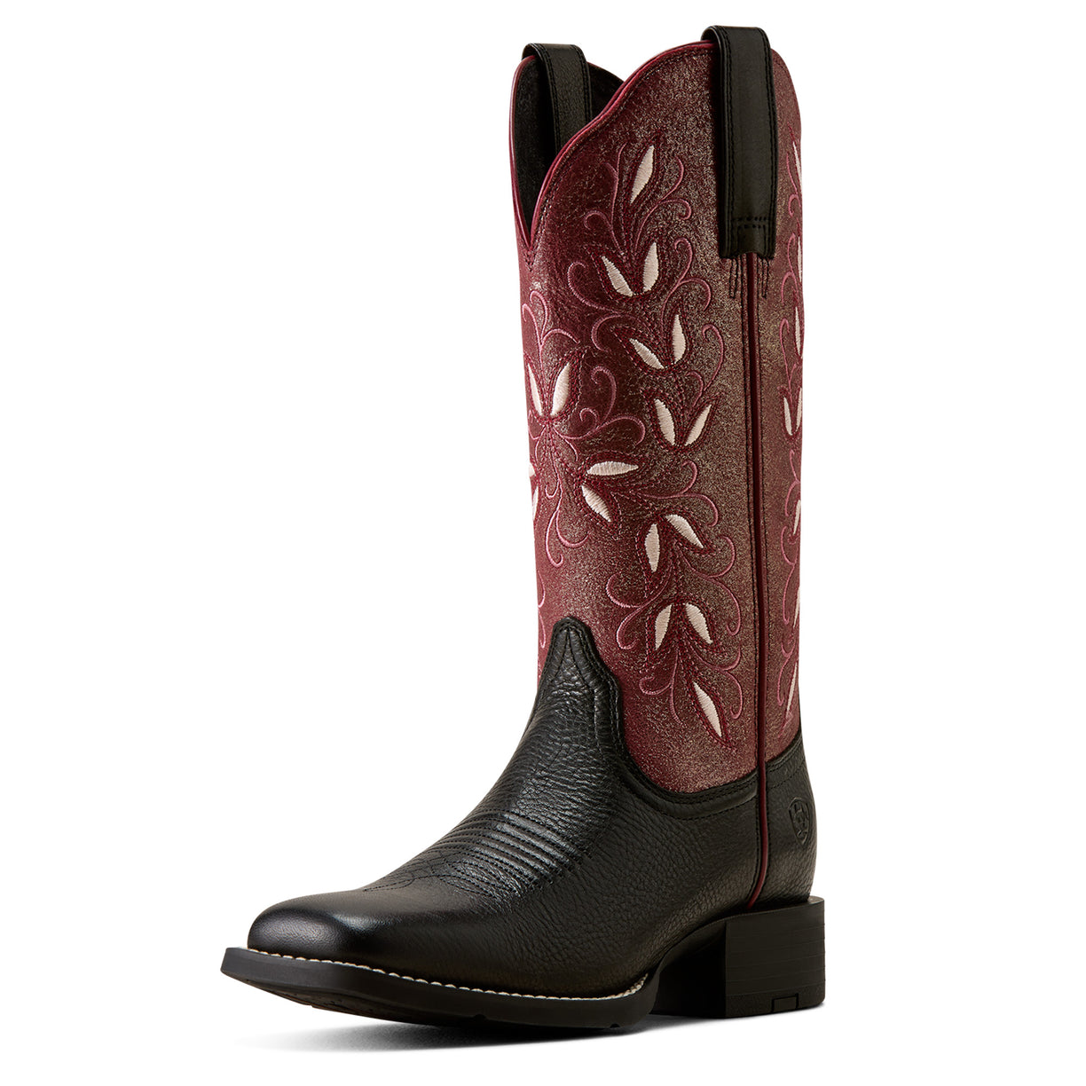 A single western cowboy boot shown in profile against a plain white background. The boot features a black leather lower section and a burgundy leather shaft with white floral embroidery.