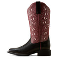 A single western cowboy boot shown in profile against a white background. The boot features a black leather lower body and a burgundy leather shaft with white floral embroidery.