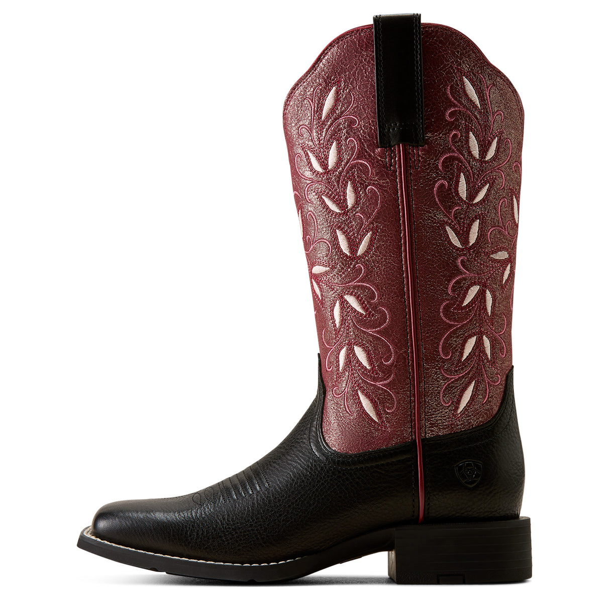A single western cowboy boot shown in profile against a white background. The boot features a black leather lower body and a burgundy leather shaft with white floral embroidery.