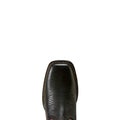 A close-up top-down view of a black leather boot toe with decorative stitching and a square vamp, shown against a plain white background.