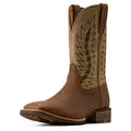A single brown leather cowboy boot with a textured grain finish, featuring decorative contrast stitching on the shaft and a square toe, shown against a plain white background.