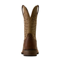 A single brown leather cowboy boot shown from the back, featuring tan shaft panels with decorative zigzag stitching and a stacked dark brown heel, isolated on a white background.