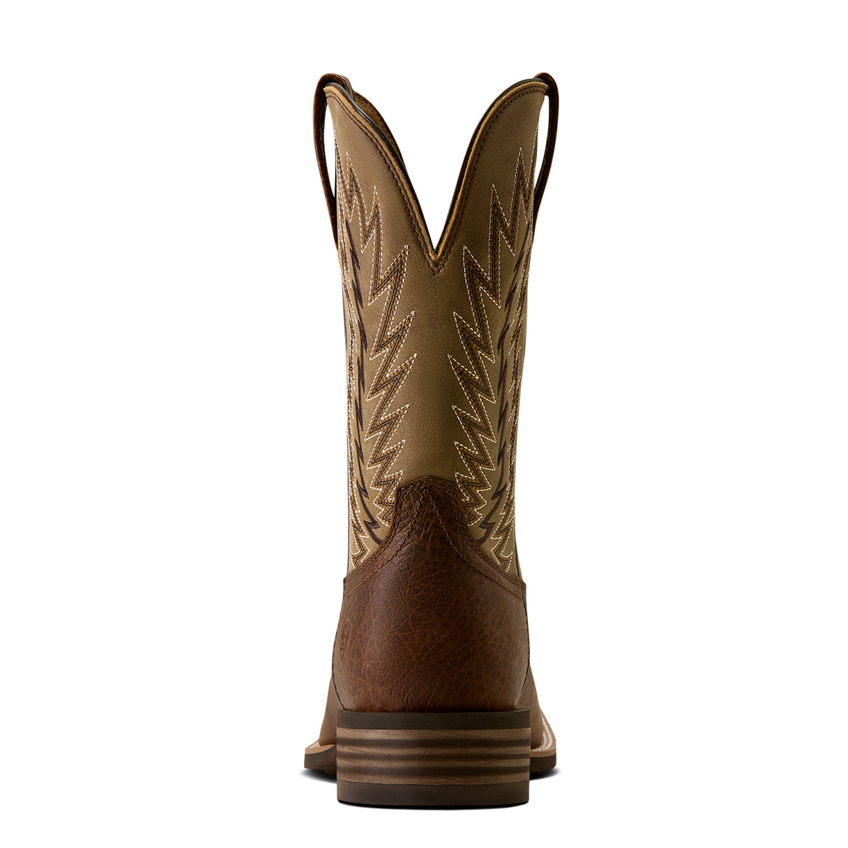 A single brown leather cowboy boot shown from the back, featuring tan shaft panels with decorative zigzag stitching and a stacked dark brown heel, isolated on a white background.