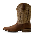 A brown leather cowboy boot with a square toe, stacked heel, and decorative stitched shaft on a white background.