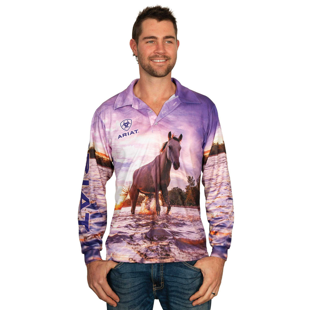 Ariat Unisex Adult's Fishing Shirt in Ariat Family print - Men's Front