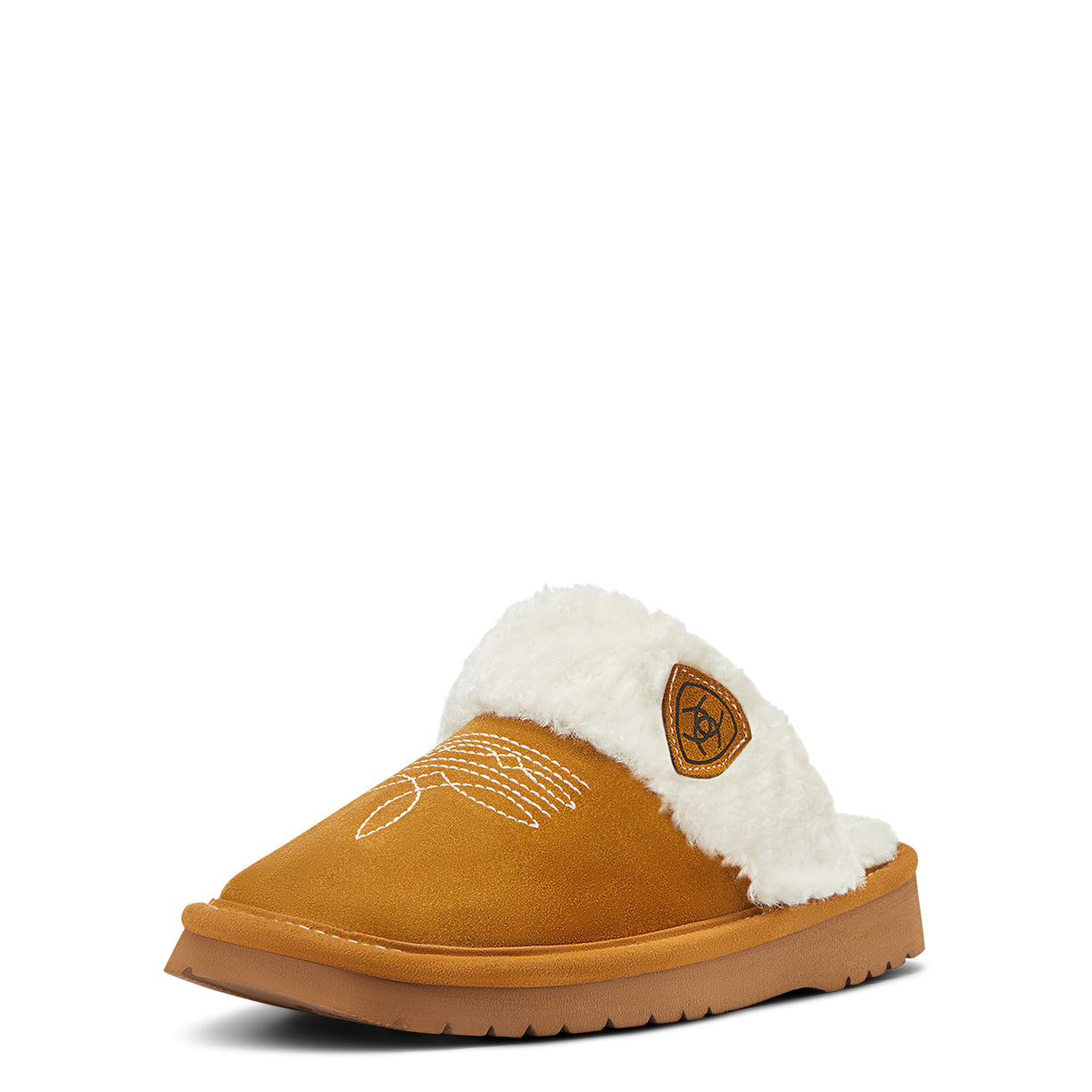 Brown slipper with white fur lining on a white background