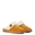 Pair of tan slippers with white fur lining on a white background