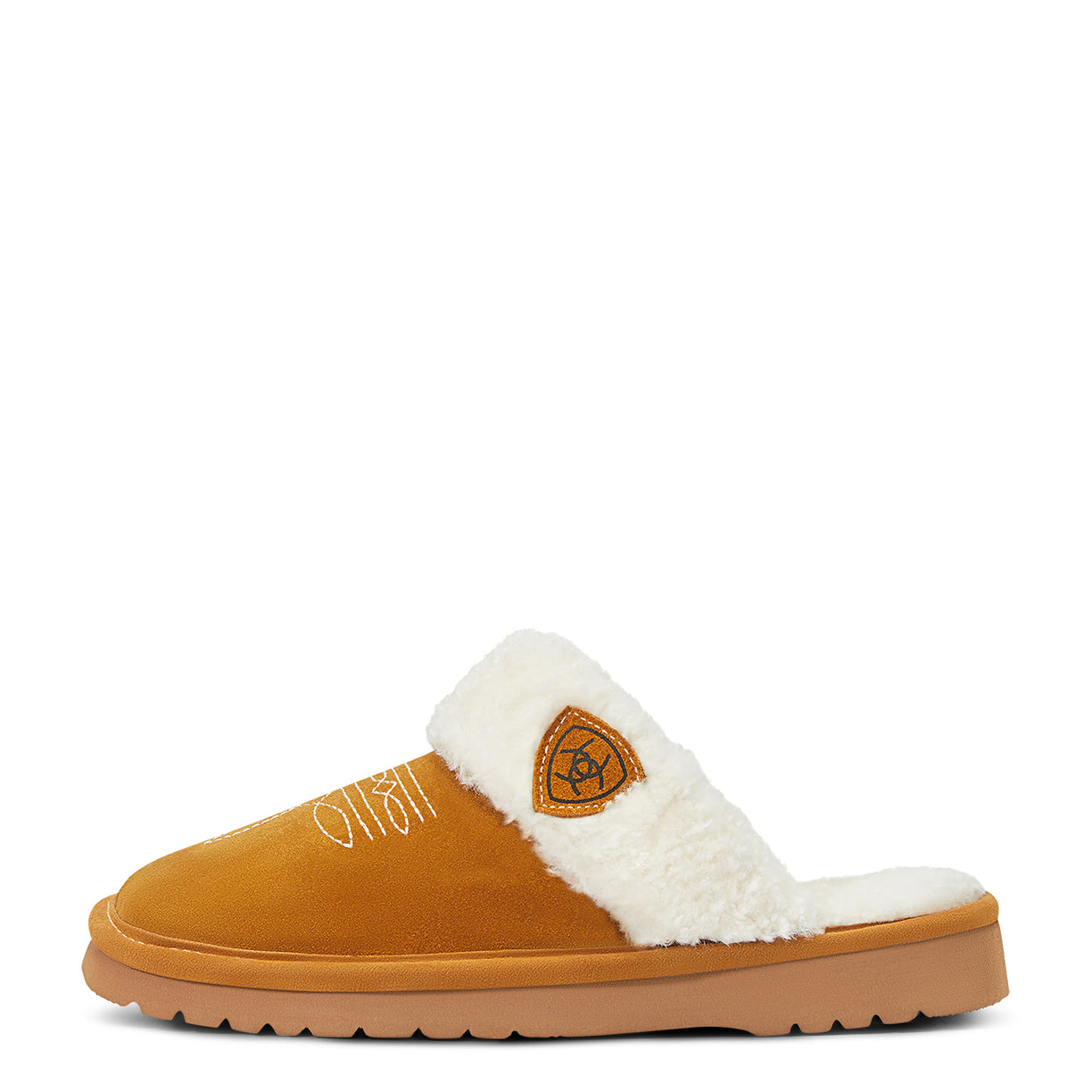 Brown slipper with white fur lining on a white background