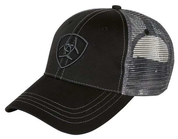 A black truckers cap with a structured crown and a mesh back, featuring a curved bill and Ariat logo on the front.