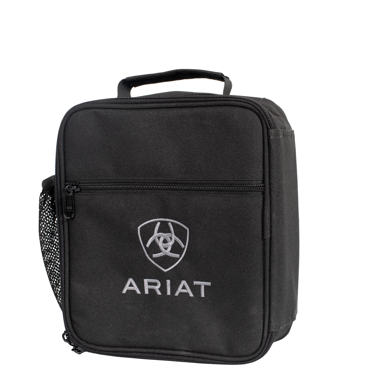 Black insulated lunch bag with ARIAT logo on the front pocket and a carry handle on top.