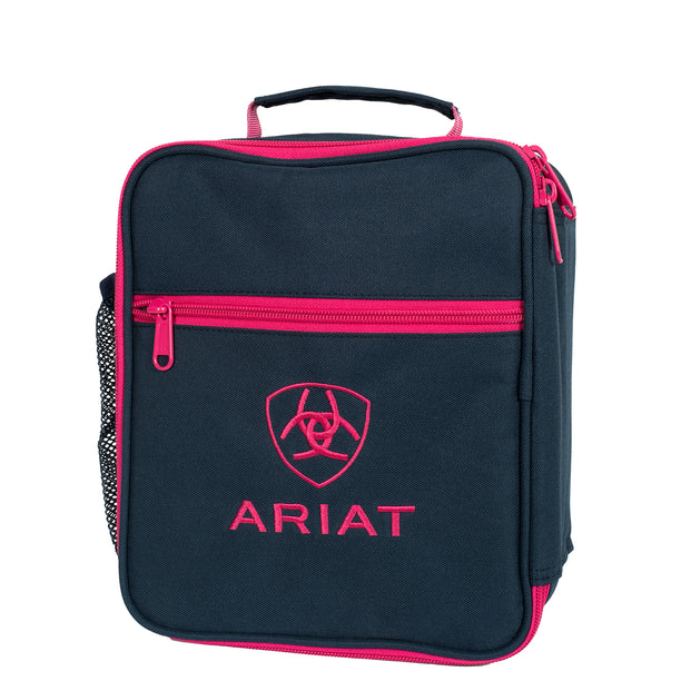 A navy blue lunch bag with pink trim, featuring a front zip pocket and a logo that reads 'ARIAT' on the bottom pocket. It also has a side water bottle pocket and a dual-way zip entry.