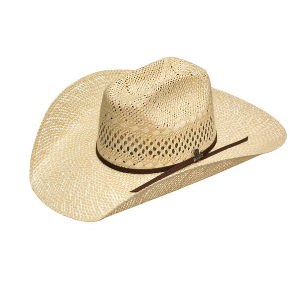 Beige cowboy hat with a brown band on a white background