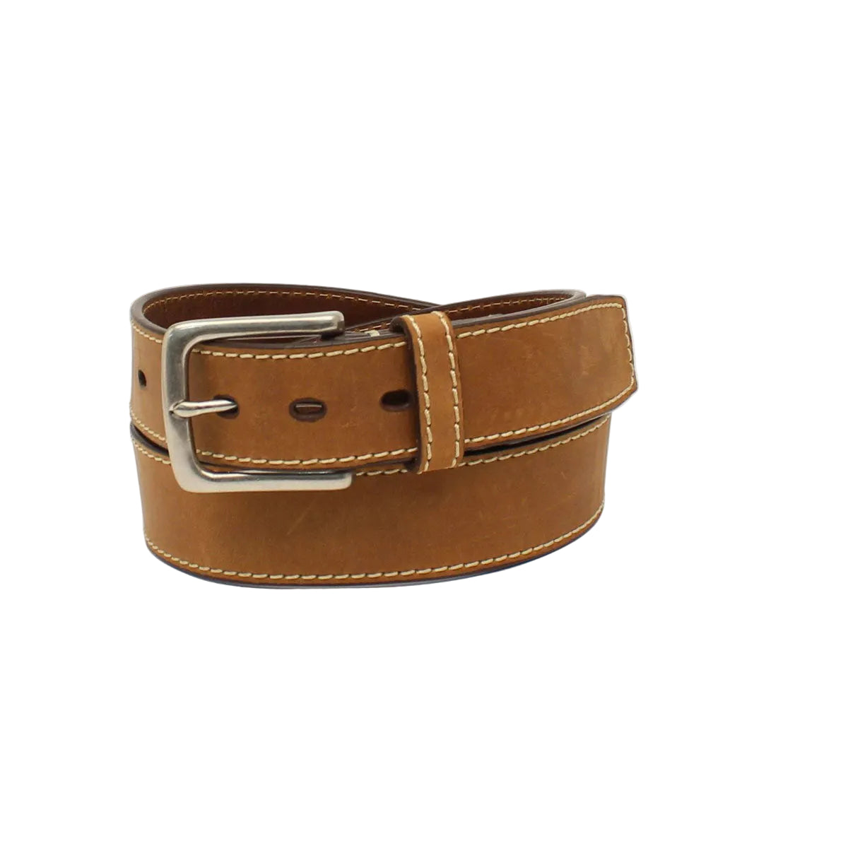Brown leather belt with a silver buckle on a beige background