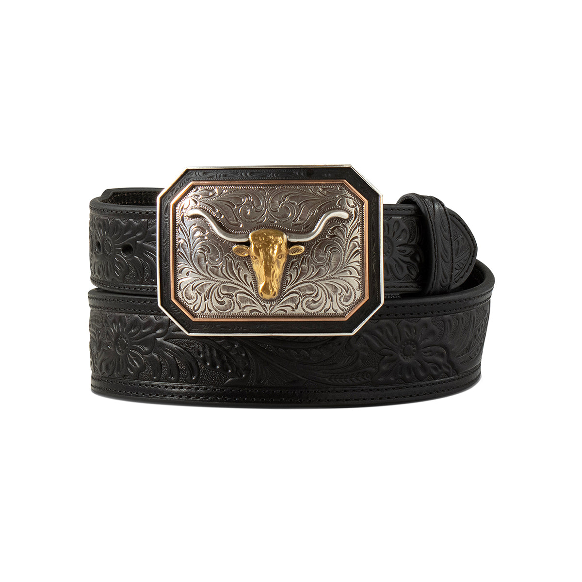 Black leather belt with a decorative buckle featuring a bull design on a white background