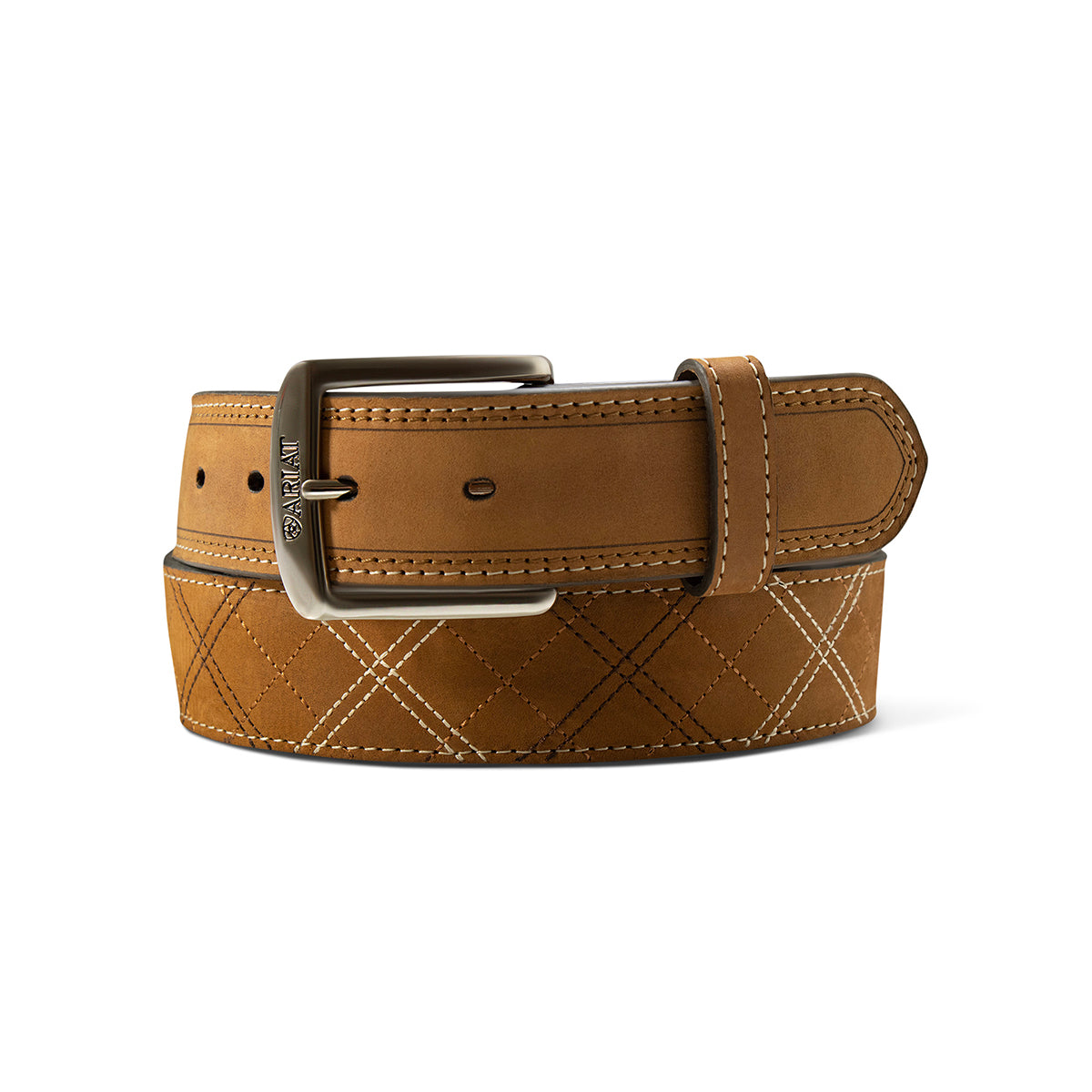 Brown leather belt with a silver buckle on a white background