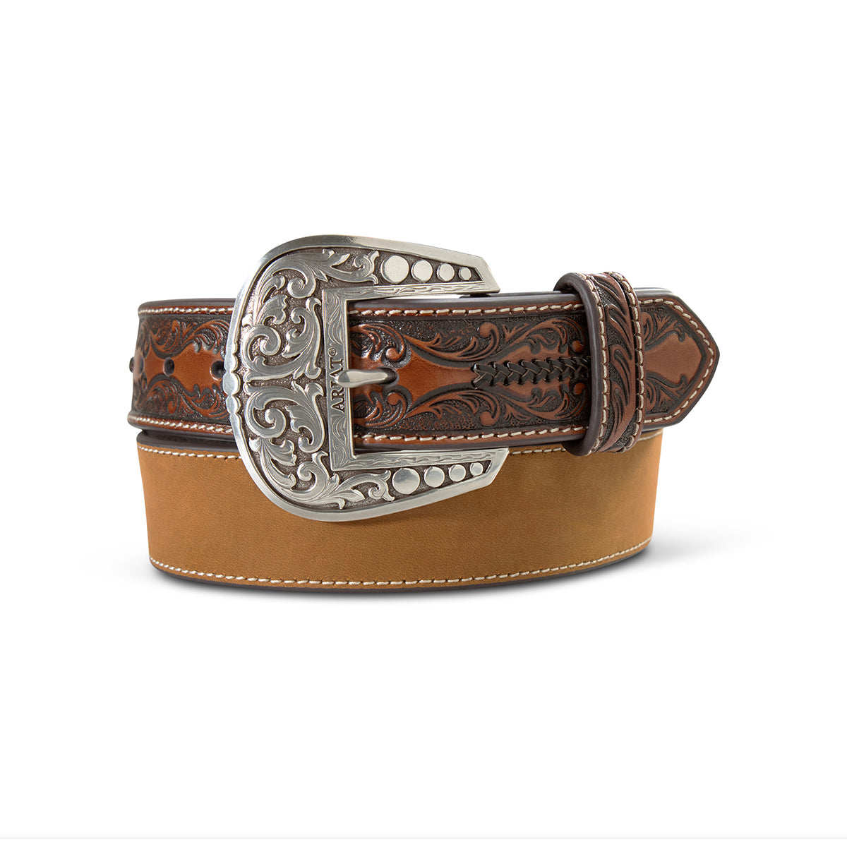 Tan leather belt with tooled brown billets and an engraved silver buckle