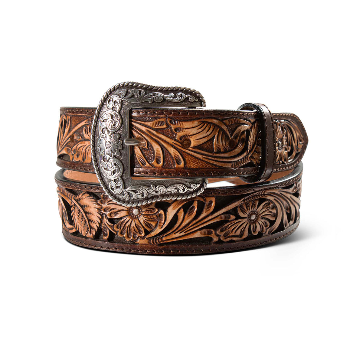 Brown leather belt with intricate floral patterns and a silver buckle on a white background