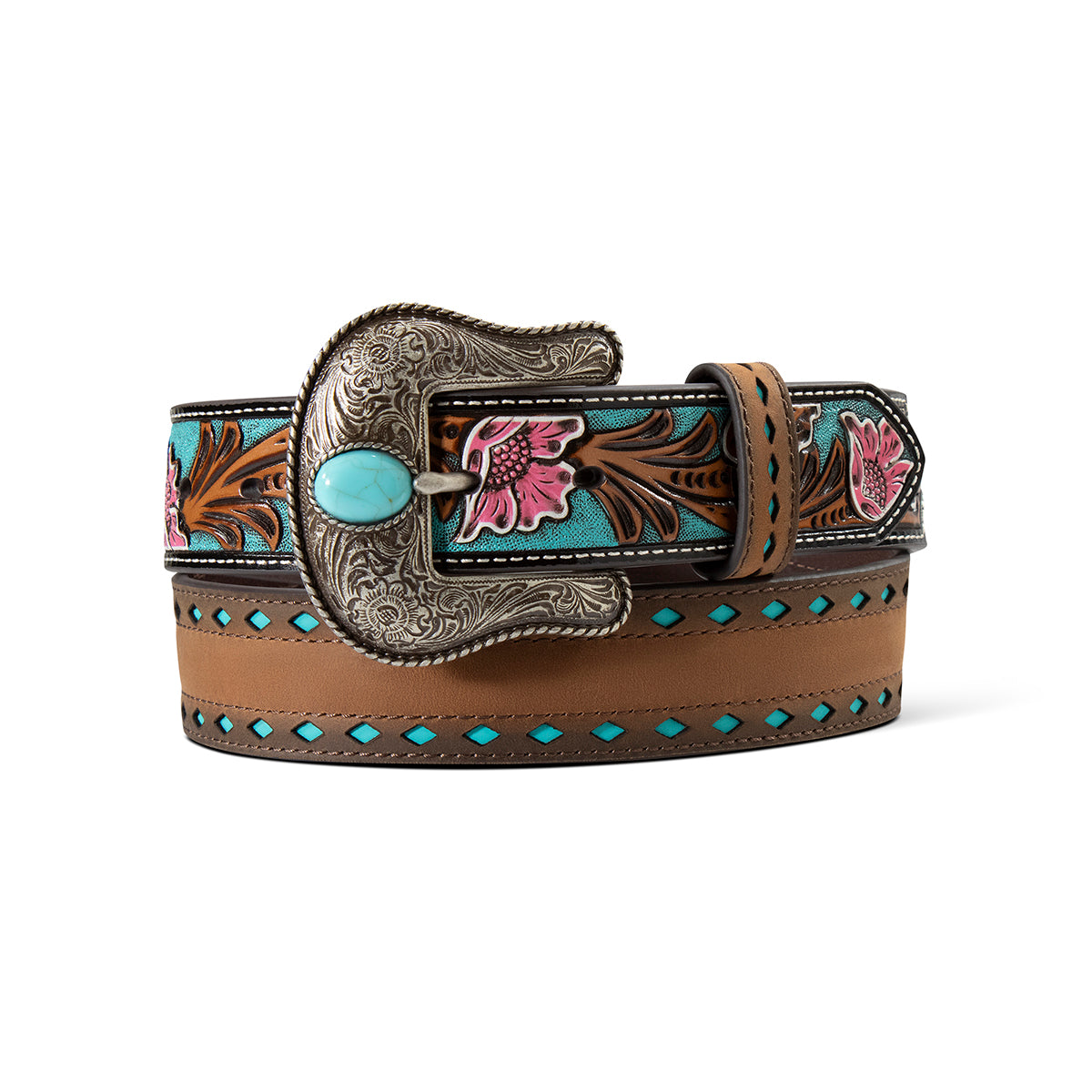 Tan leather belt with turquoise cutout detailing and a floral tooled buckle