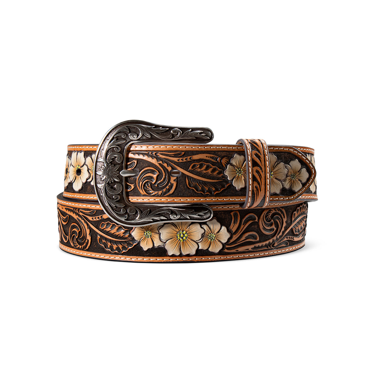 Ariat belt in tan leather with tooled scrollwork and UV-printed floral accents