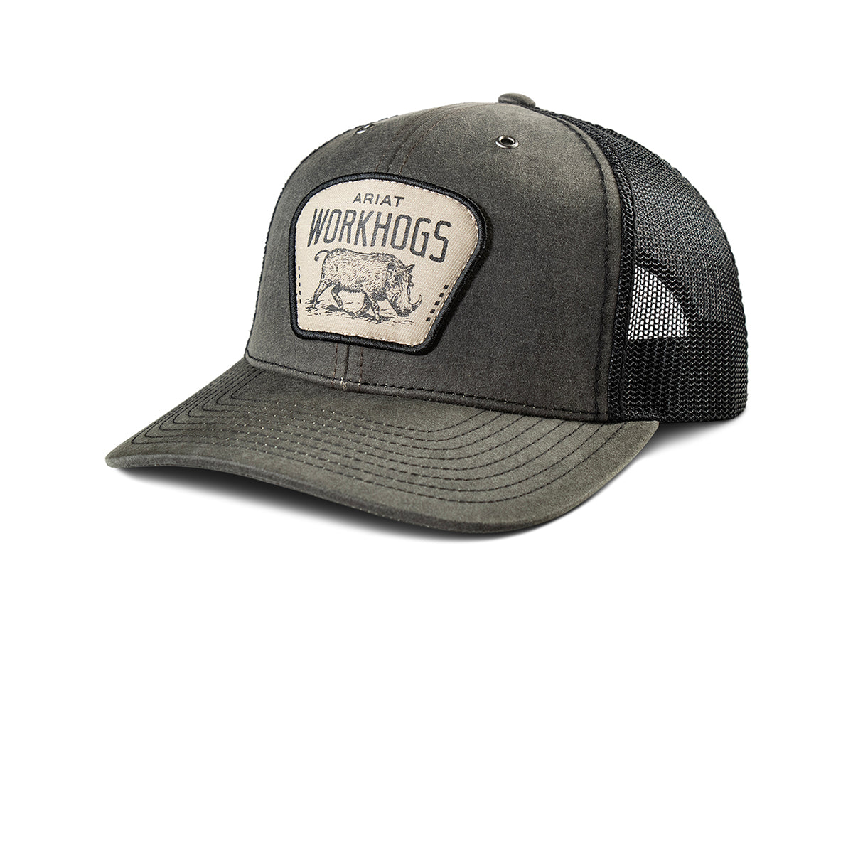 Gray trucker cap with a patch on a white background