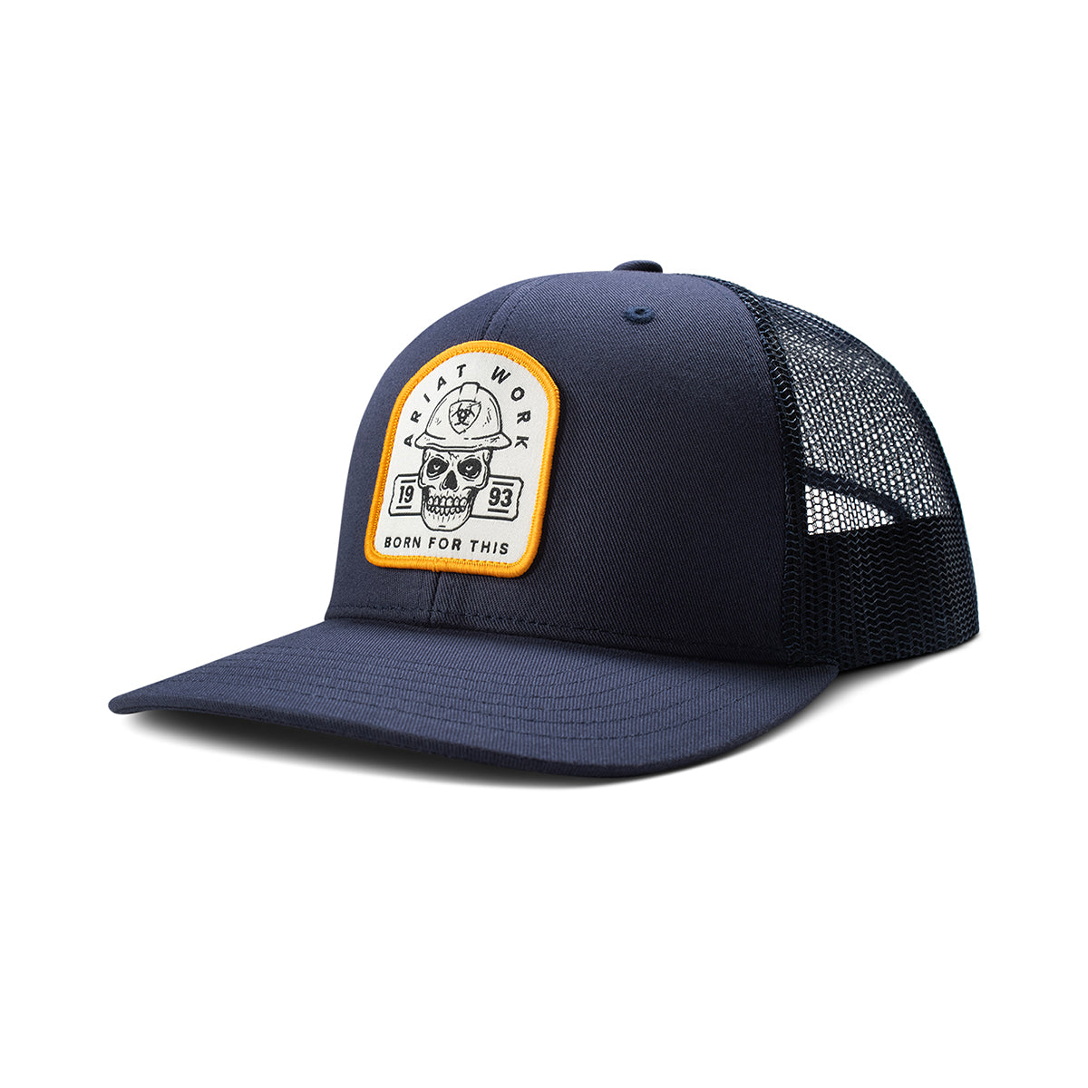 Navy blue trucker cap with a yellow patch featuring a skull and text on a white background