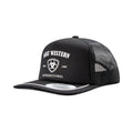 Black trucker cap with a white screen-printed western logo and rope brim trim